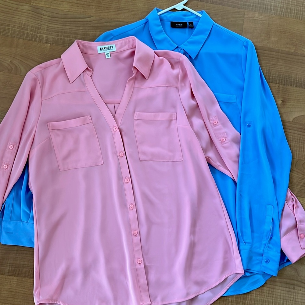 Two button down women’s blouses in great spring colors